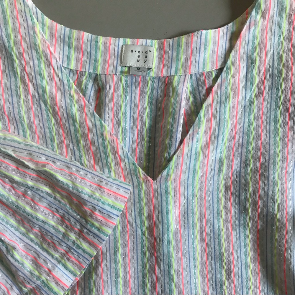 A NEW DAY Seersucker Ruffle Bell Sleeve Metallic Sparkle Neon Striped Blouse - Picture 2 of 9